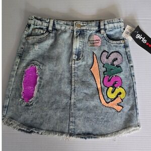 Girls Denim Skirt S 12 Acid Wash Sassy Reversible Sequins Mini Skirt 100% cotton